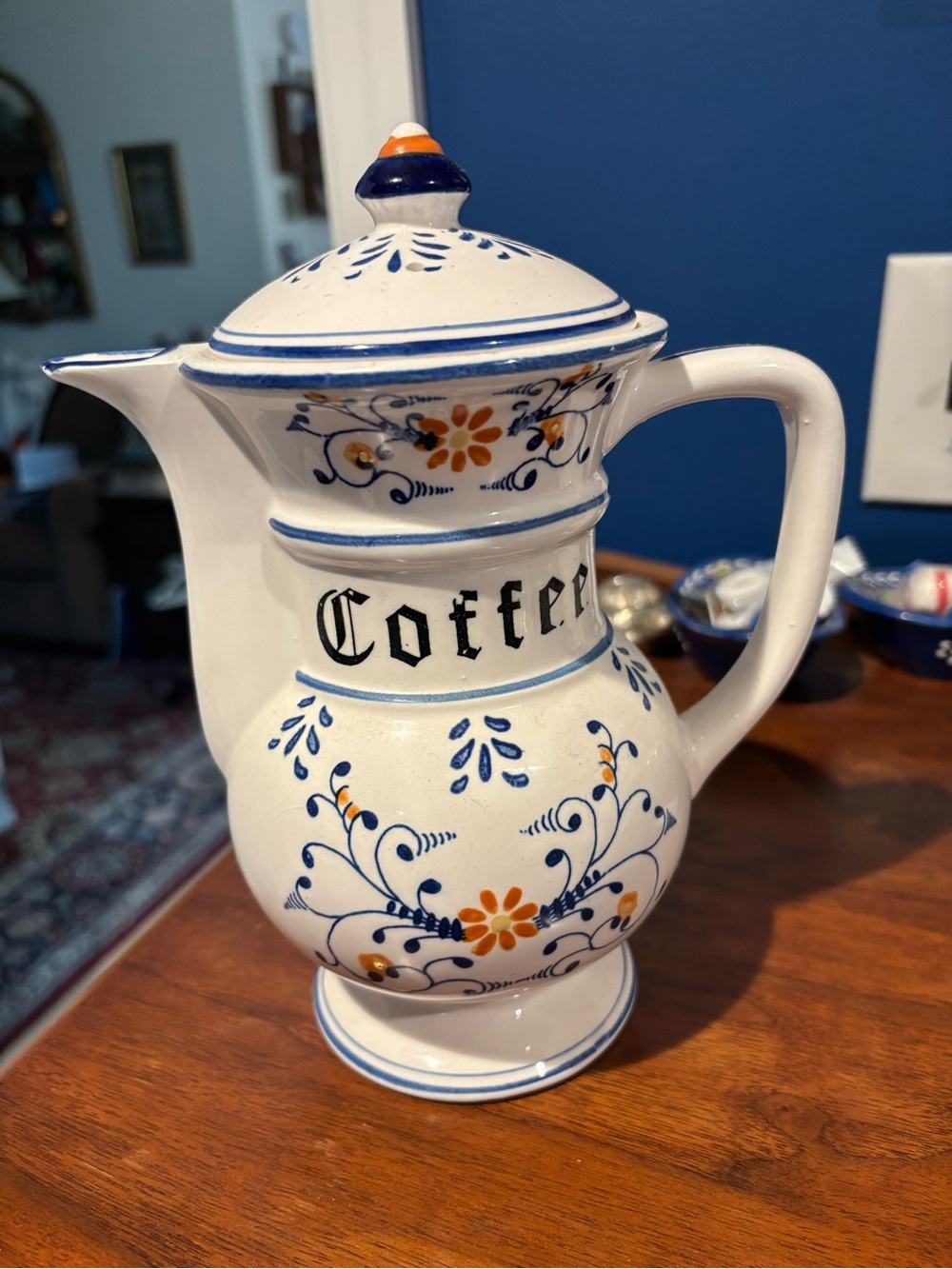 Royal Sealy Ceramic Coffee Sugar Cream Set - Blue & Orange Floral - Picture 4 of 6
